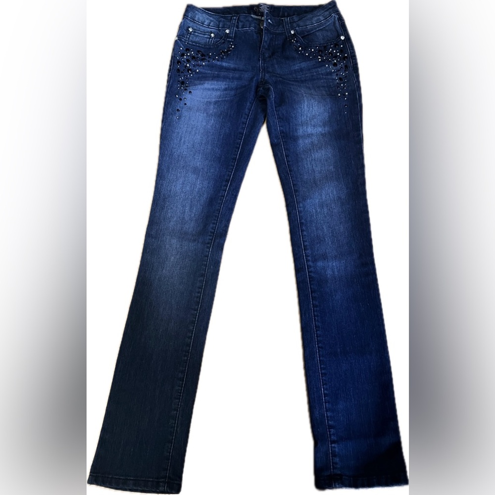 Y2K Earl blue jeans embellished size 5 Juniors Jeans with cute stones